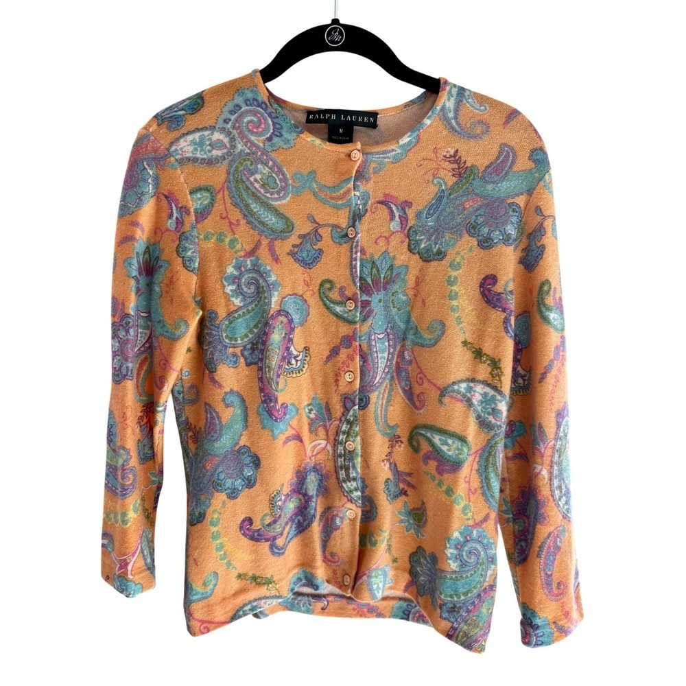 Vintage Ralph Lauren Black Label Women's Orange Paisley Button Knit Cardigan